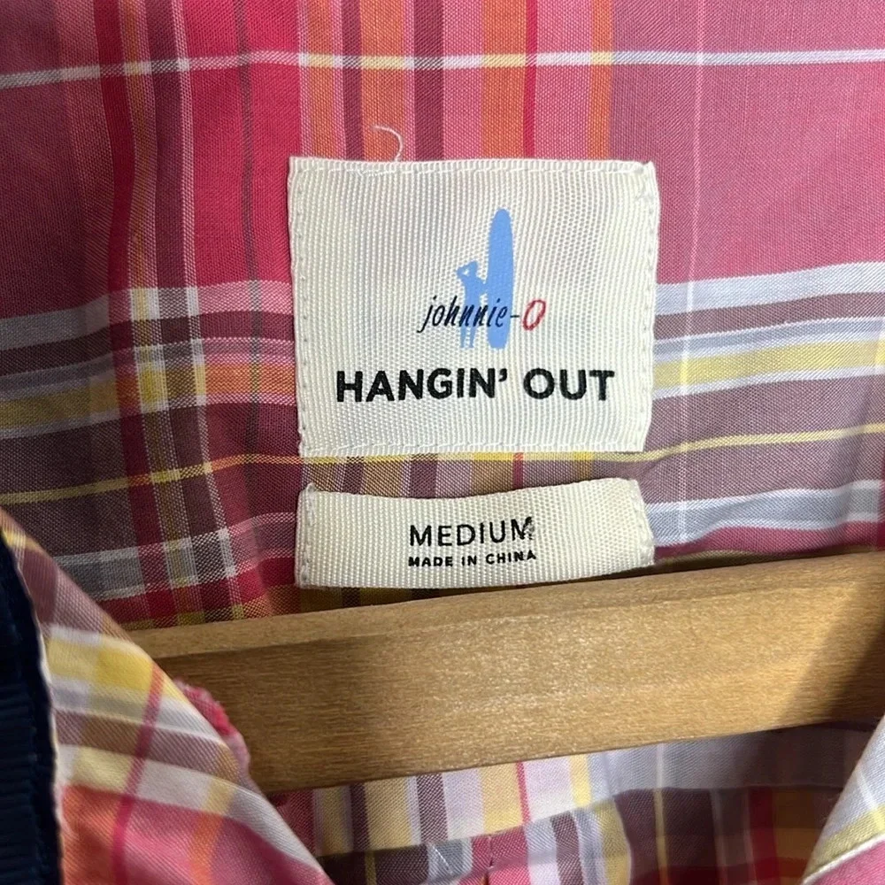 johnnie-O Hangin’ Out Mens M Pink Plaid Short Sleeve Button Down Shirt